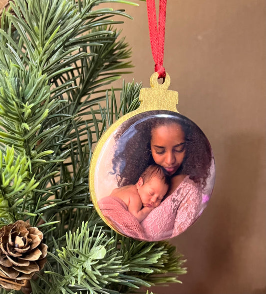 Custom photo ornament. Wooden back